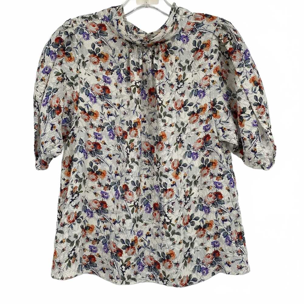 Rebecca Taylor Cream Purple Floral Silk Mock Neck Top | Silk Blouse Size 6